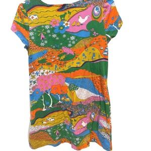 Folk Art Storybook Print Dress Blue Platypus Colorful Whimsical Art Dress XS